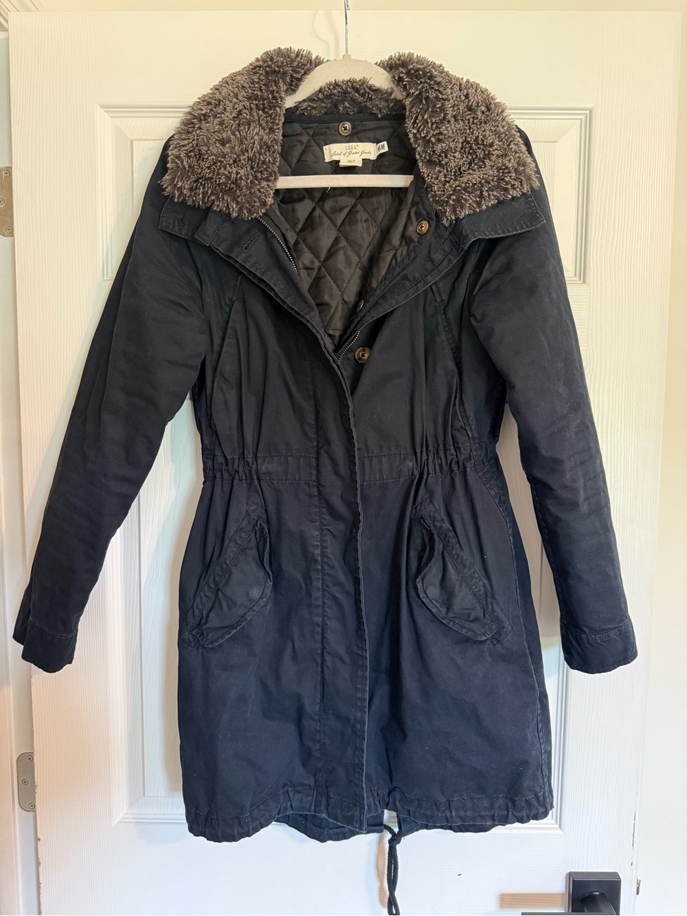 H&M Navy Trench Coat with Faux Fur Collar